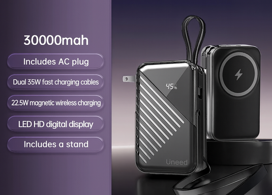 UNEED JW01  30000mAh| USB TYPE-C BUILT-IN CABLE| FAST CHARGING WIRELESS POWER BANK BLACK| 3 MONTHS WARRANTY ACCESSORIES