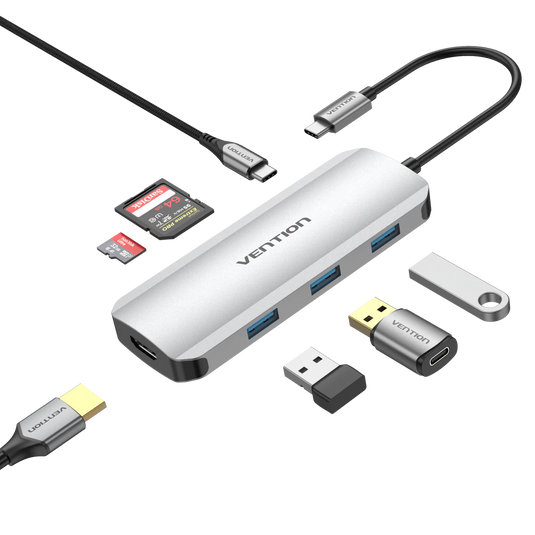 VENTION TOJHB | 0.15M | GRAY | USB-C | 7-IN-1 | HDMI / USB / 3.0 X3 / SD / TF / PD | 4K@30HZ | 5GBPS (USB 3.0) | PD 100W | 6 MONTHS WARRANTY ADAPTER
