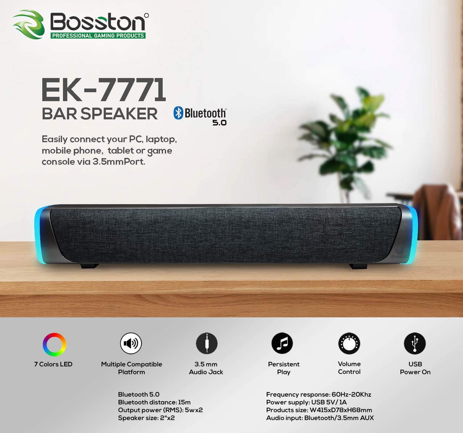 BOSSTON EK7771 BLUETOOTH 5.0 BAR SPEAKER-SPEAKER-Makotek Computers