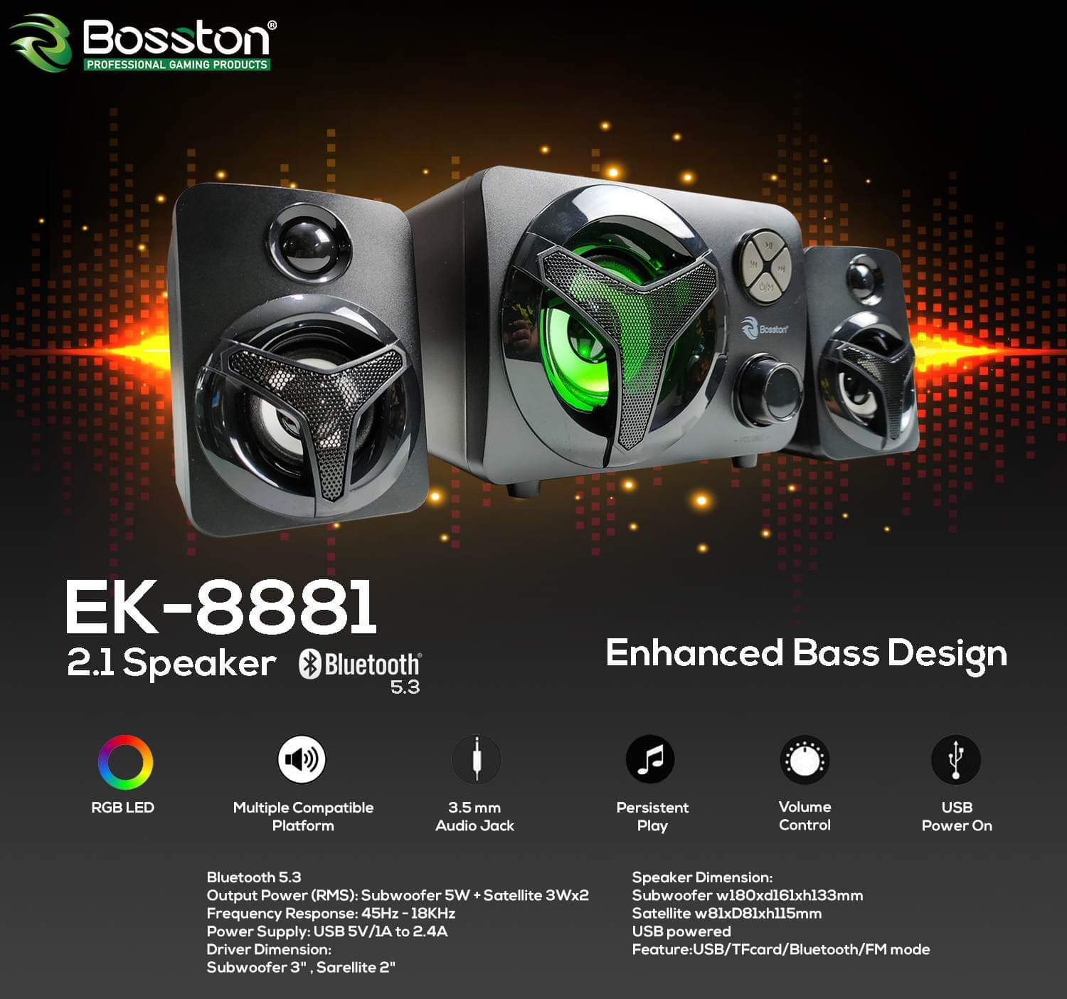 BOSSTON EK8881 2.1 BLUETOOTH 5.3 SPEAKER-SPEAKER-Makotek Computers