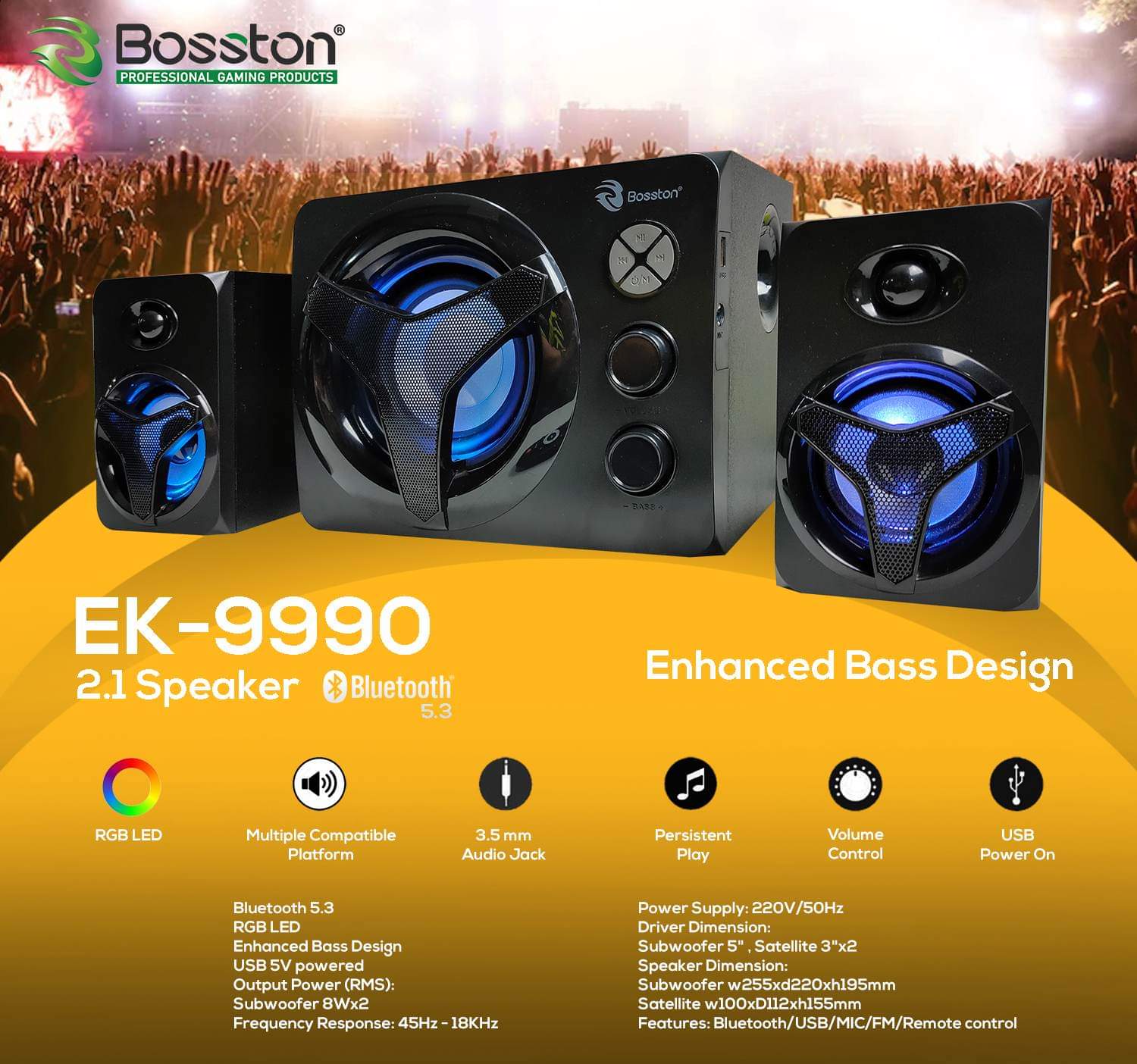 BOSSTON EK9990 2.1 BLUETOOTH 5.3 SPEAKER-SPEAKER-Makotek Computers