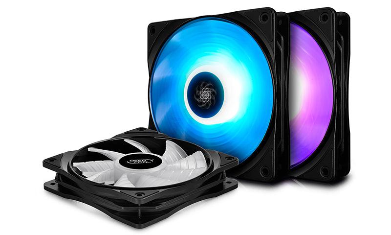 DEEPCOOL RF120 3IN1 3X120MM RGB LED PWM FANS WITH FAN HUB AND EXTENSION, COMPATIBLE WITH ASUS AURA SYNC FANS-FANS-Makotek Computers