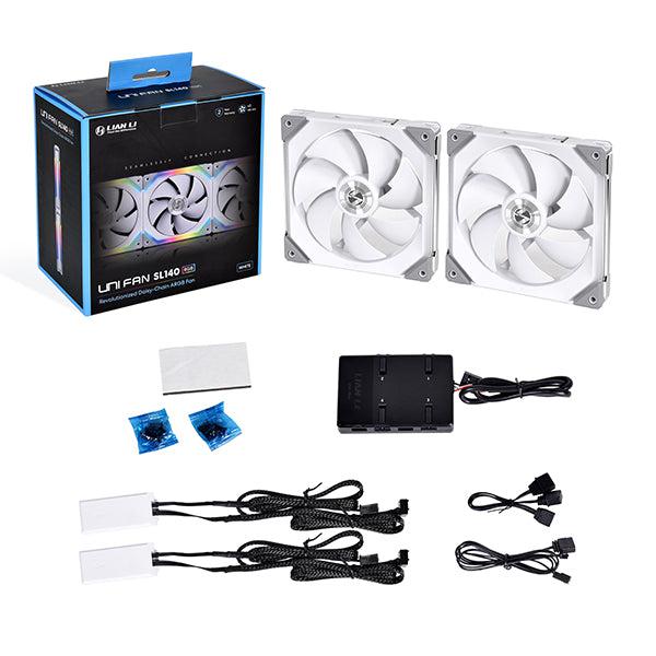 LIAN LI UNIFAN SL140 ARGB, 140MM, WHITE, 2 PACK + CONTROLLER, AUX FAN, UF-SL140-2W FAN-FANS-Makotek Computers