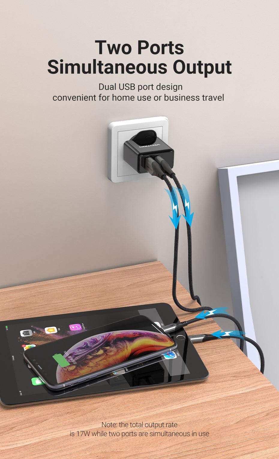 VENTION TWO-PORT USB(A+A) WALL CHARGER (18W/18W) US-PLUG-ACCESSORIES-Makotek Computers