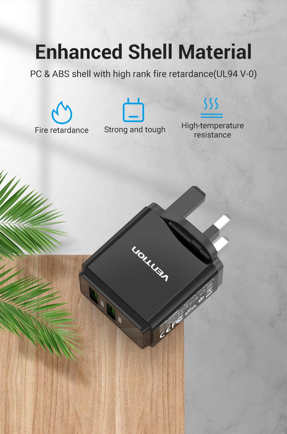 VENTION TWO-PORT USB(A+A) WALL CHARGER (18W/18W) US-PLUG-ACCESSORIES-Makotek Computers