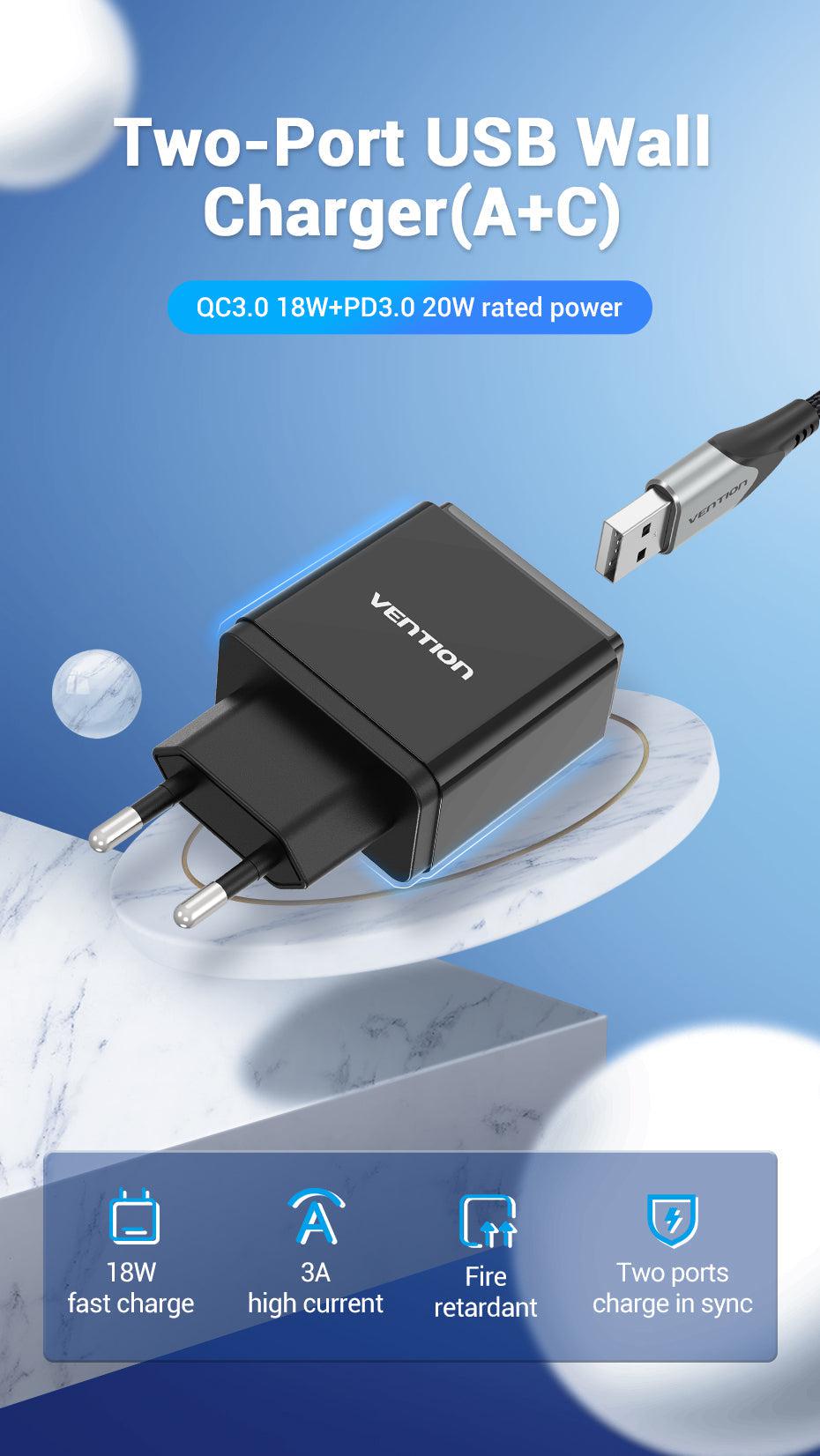 VENTION TWO-PORT USB(A+C) WALL CHARGER (18W/20W) US-PLUG-ACCESSORIES-Makotek Computers