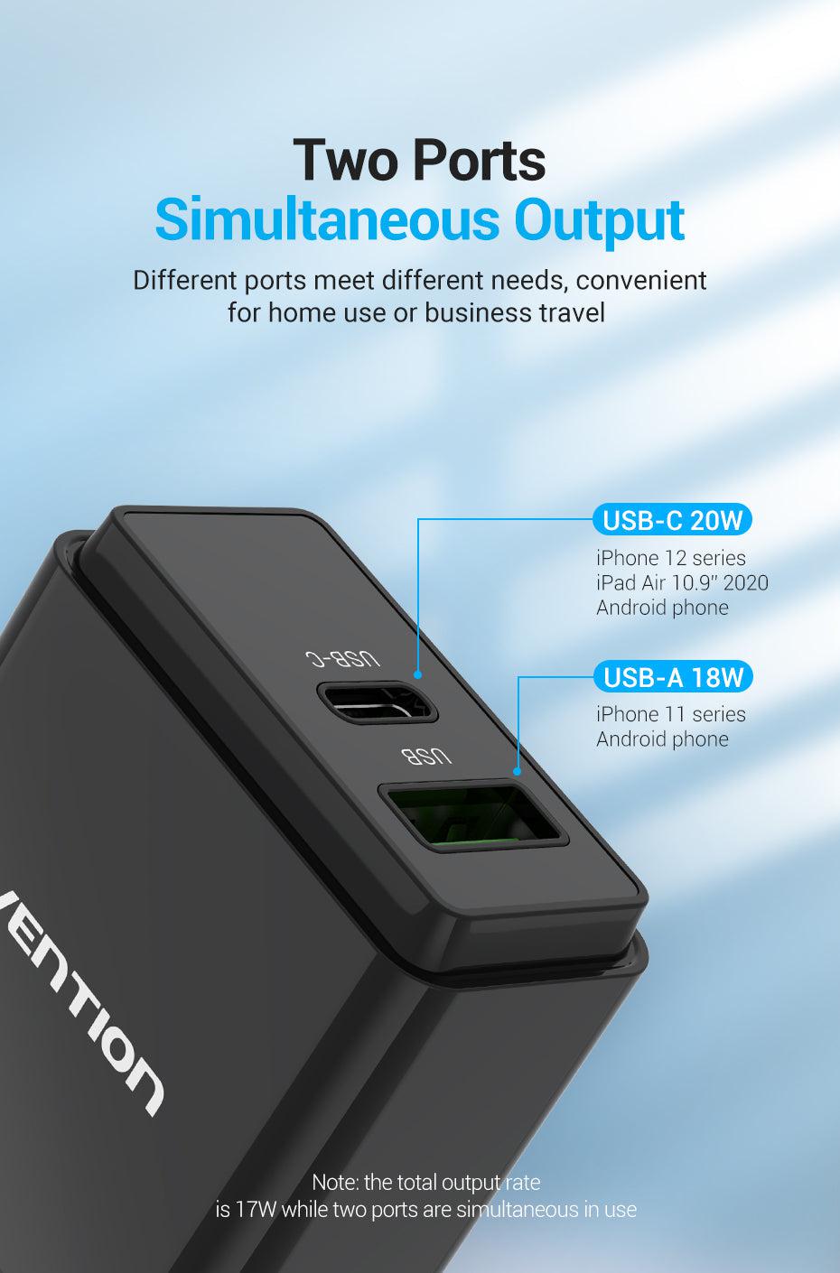 VENTION TWO-PORT USB(A+C) WALL CHARGER (18W/20W) US-PLUG-ACCESSORIES-Makotek Computers